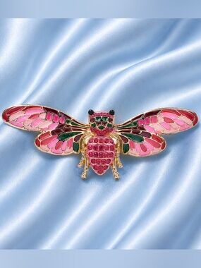Pink Mosaic Wing Crystal Bug Butterfly Gold Brooch